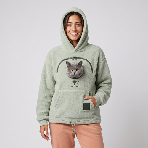 Woman wearing the sage green CozyPaws pet pocket hoodie with a British Shorthair cat peeking out of the chest window