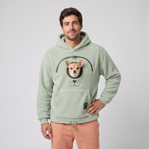 Man wearing the sage green CozyPaws pet pocket hoodie with a Chihuahua peeking out of the chest window