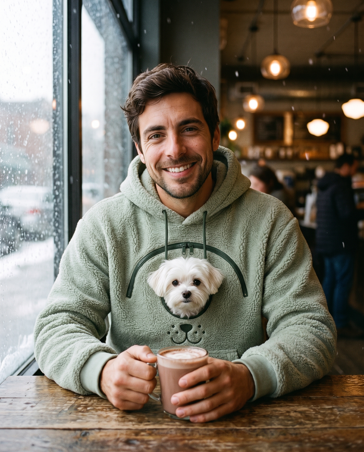 Winter cafe in the sage green CozyPaws pet pocket hoodie with a Maltese peeking out
