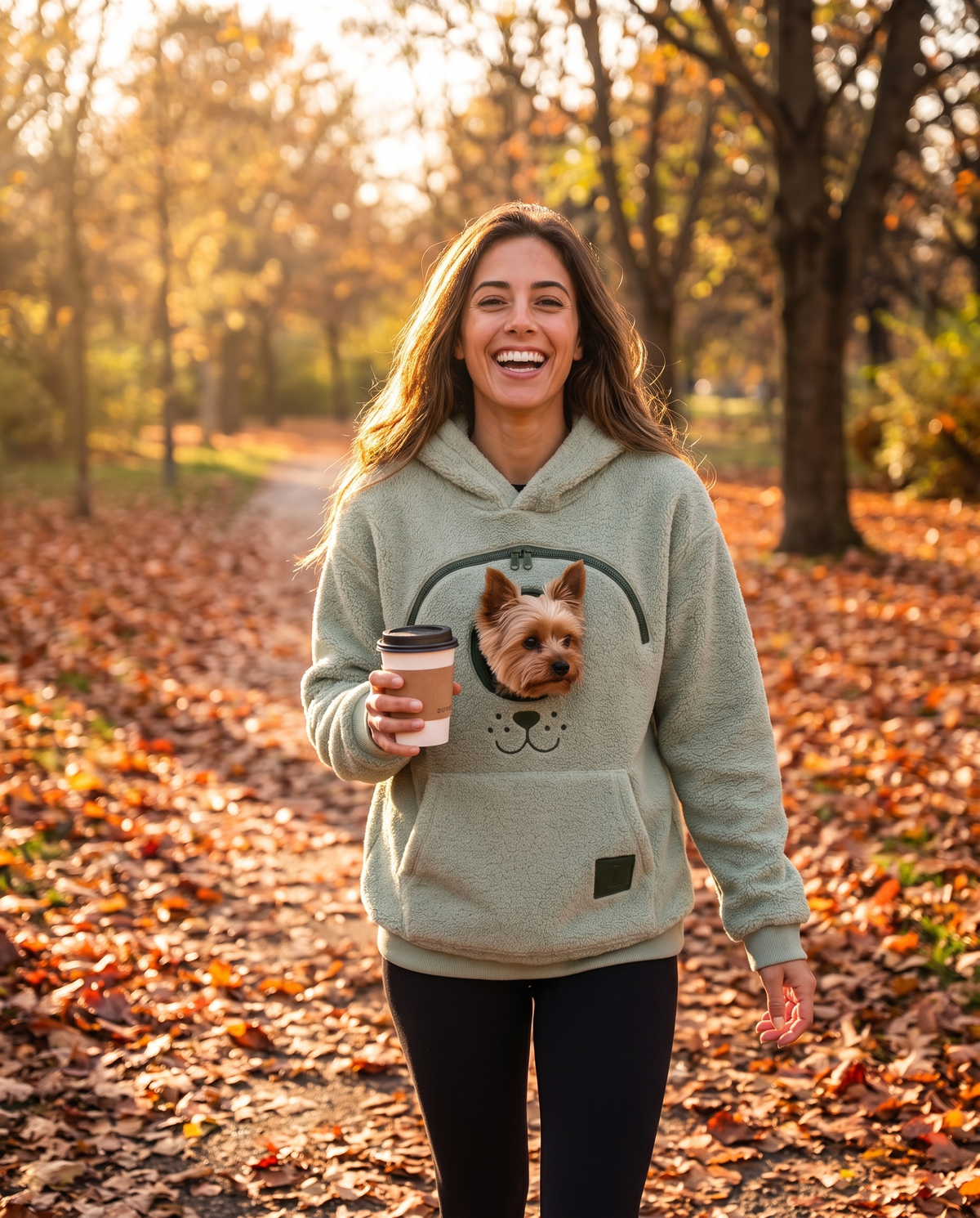 Autumn walk in the sage green CozyPaws pet pocket hoodie with a Yorkshire Terrier