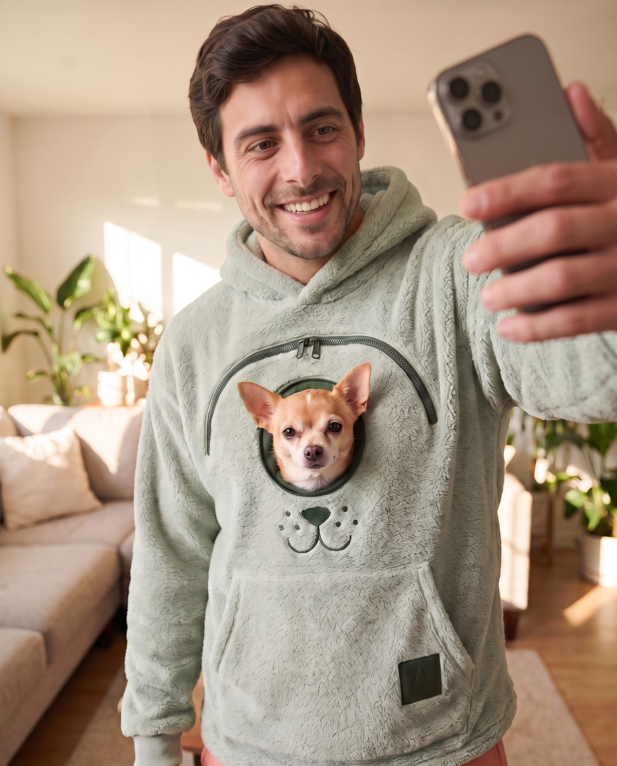 Taking a selfie in the sage green CozyPaws pet pocket hoodie with a Chihuahua peeking out