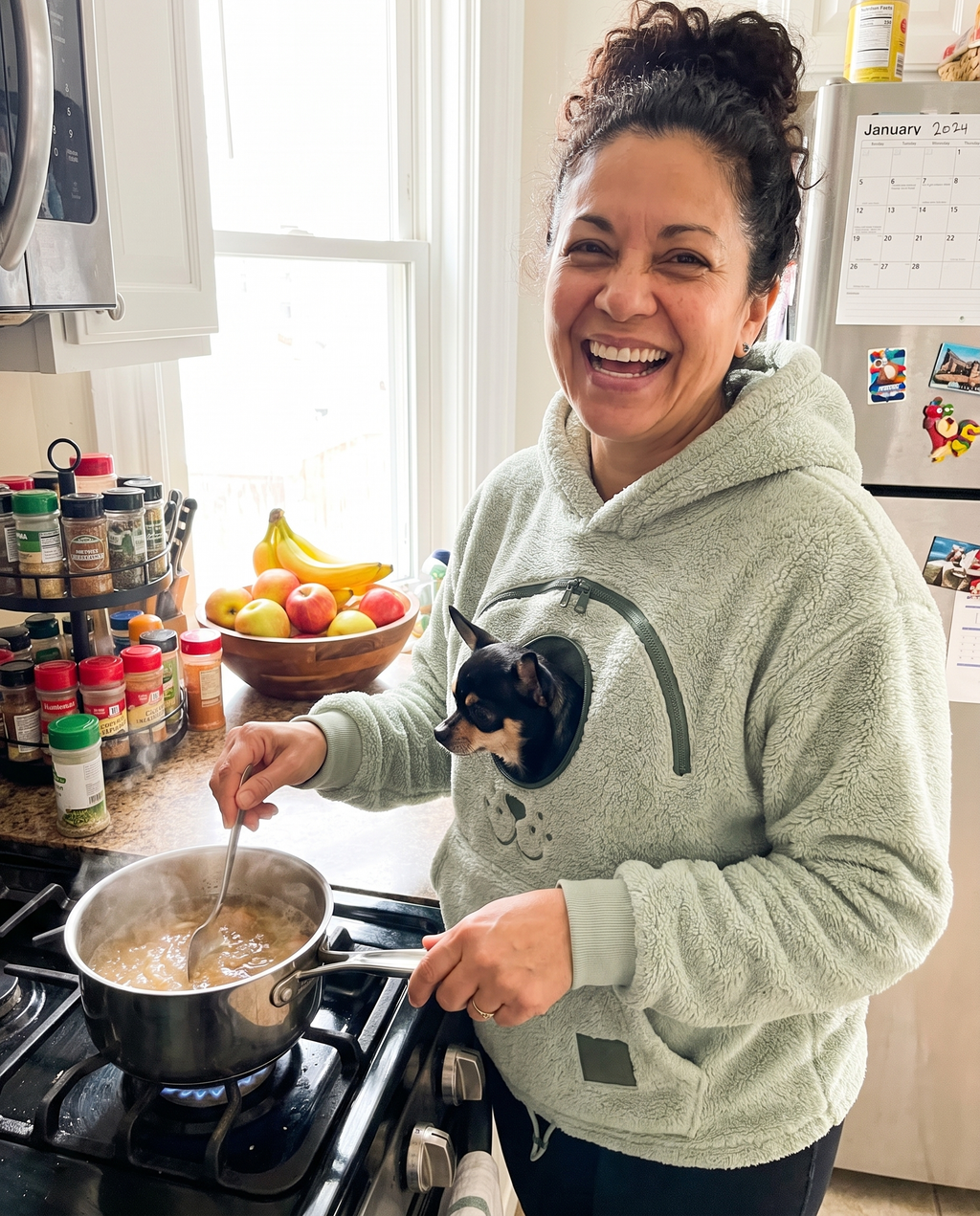 Cooking hands-free in the sage green CozyPaws pet pocket hoodie with a Chihuahua